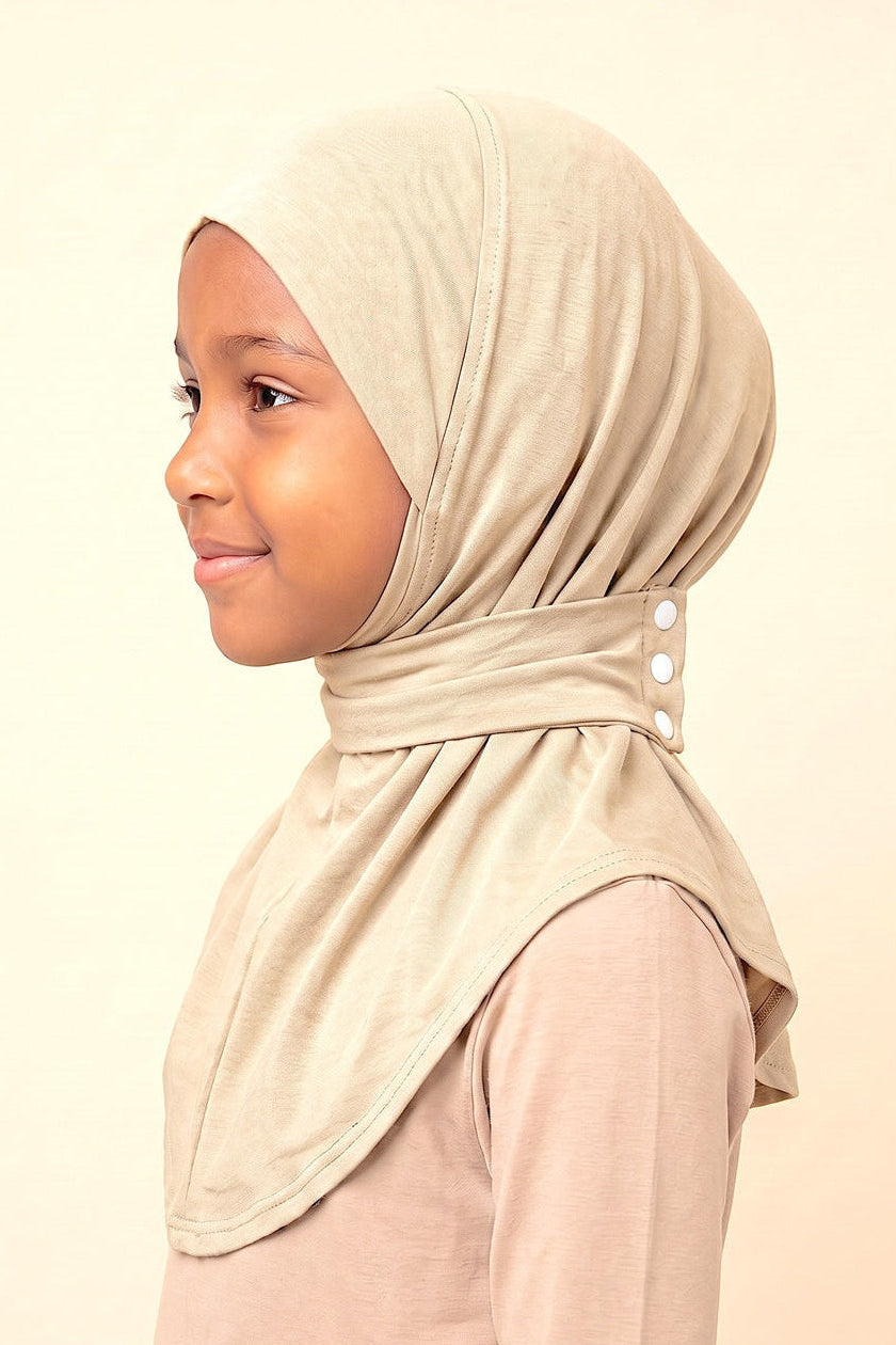 Cream children's snap hijab under cap