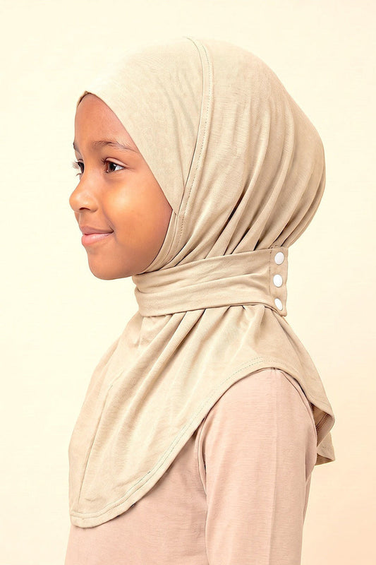 Cream children's snap hijab under cap