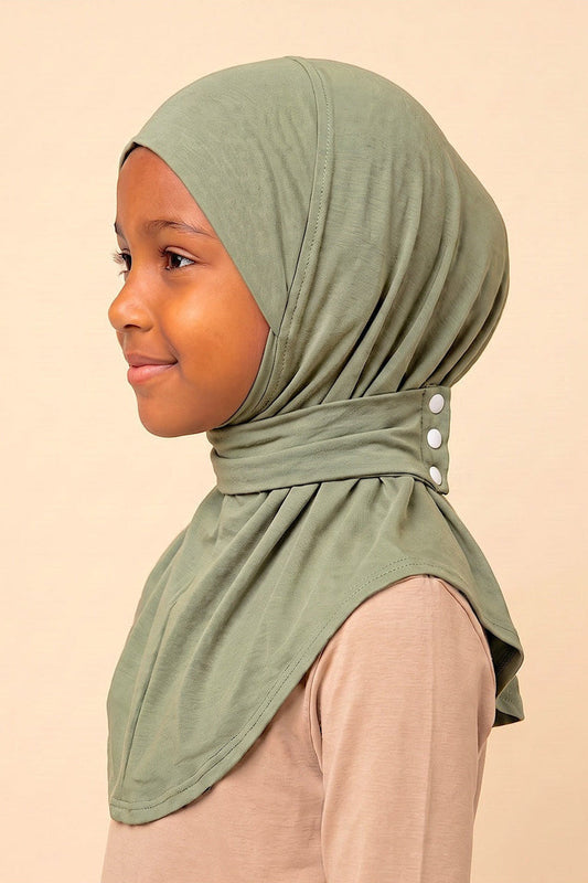 Desert sage children's snap hijab under cap