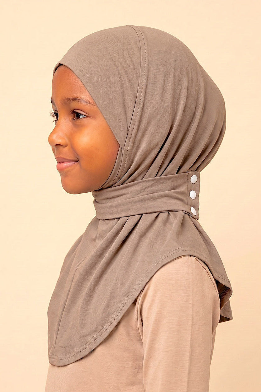 Mocha children's snap hijab under cap