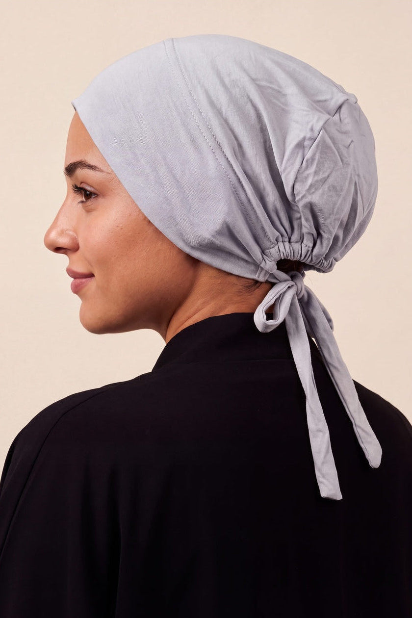 Cloud grey tie back hijab under cap