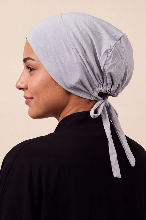 Cloud grey tie back hijab under cap