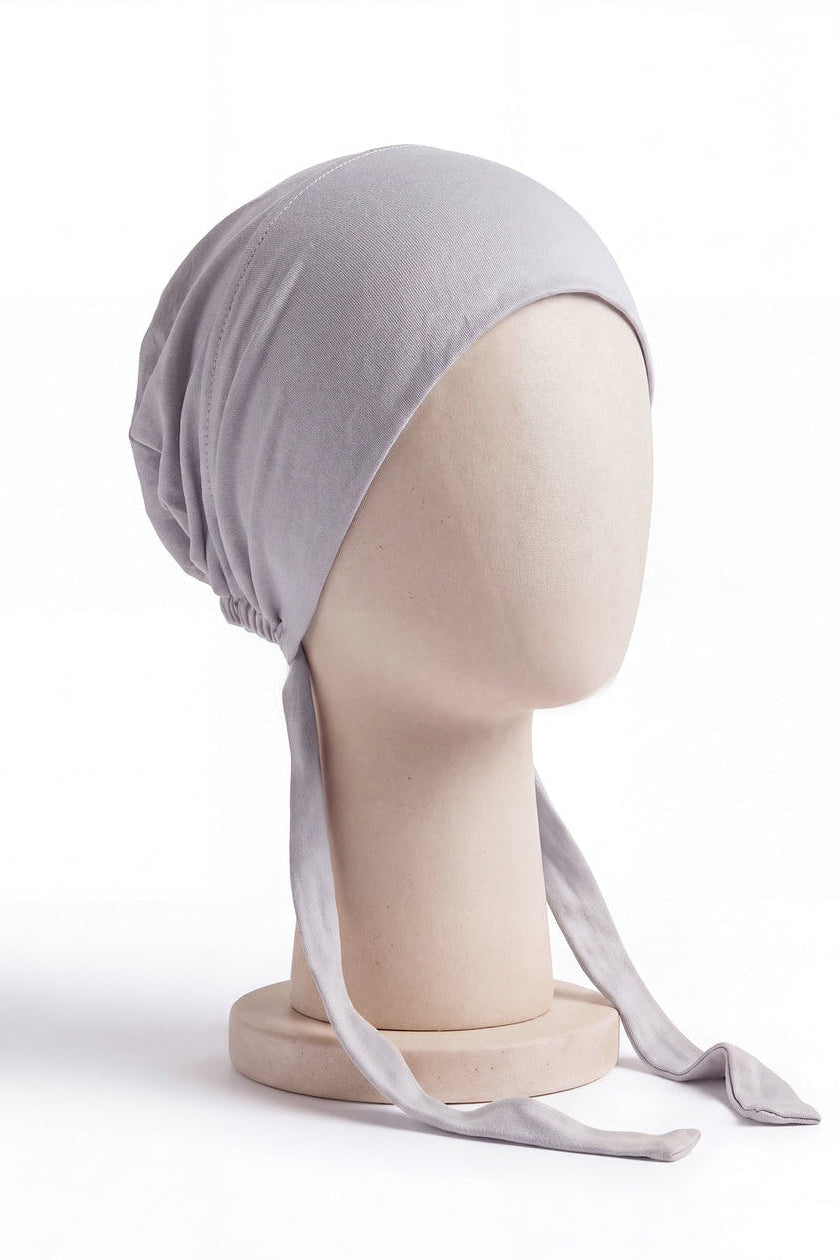 Cloud grey tie back hijab under cap, second view
