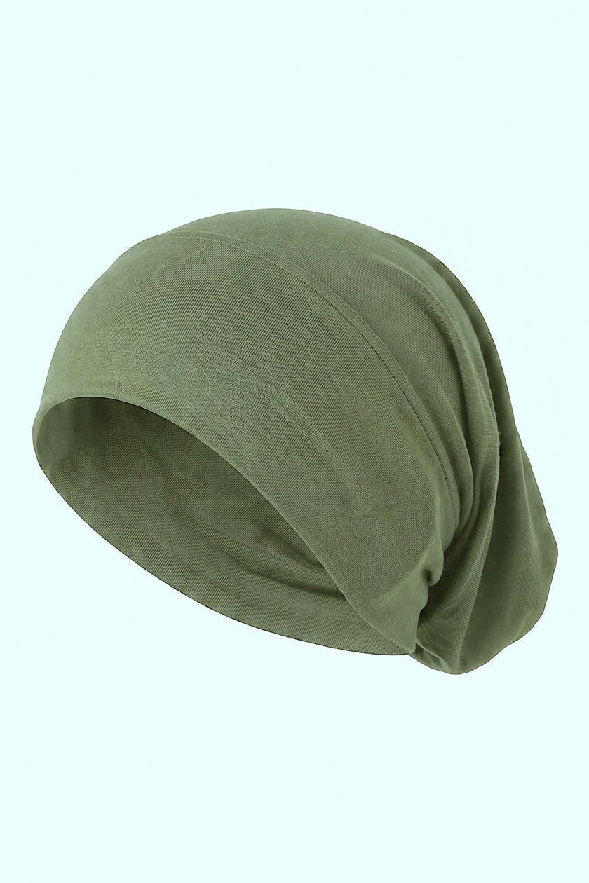Desert sage tube hijab under cap, second view
