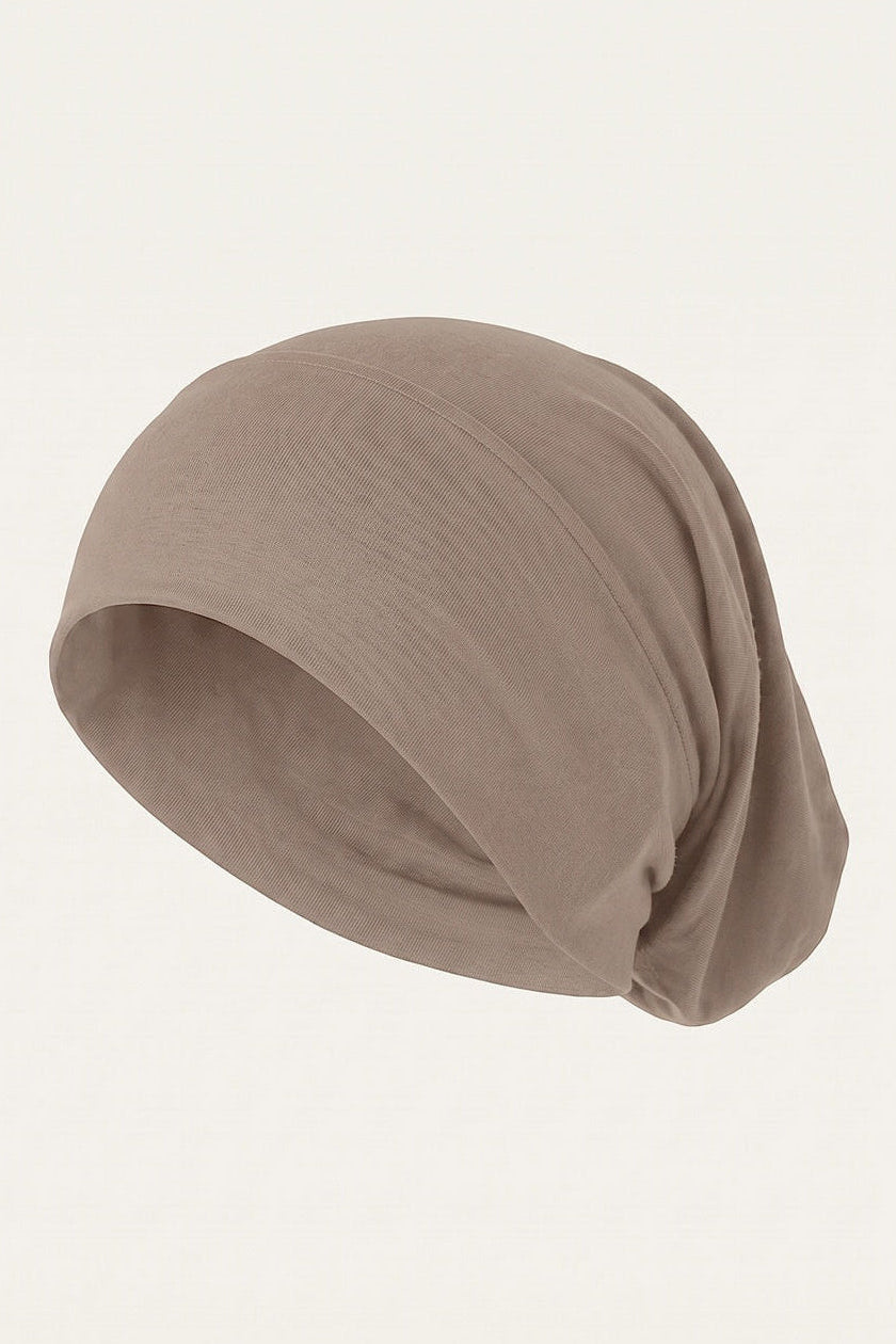 Mocha tube hijab under cap, second view