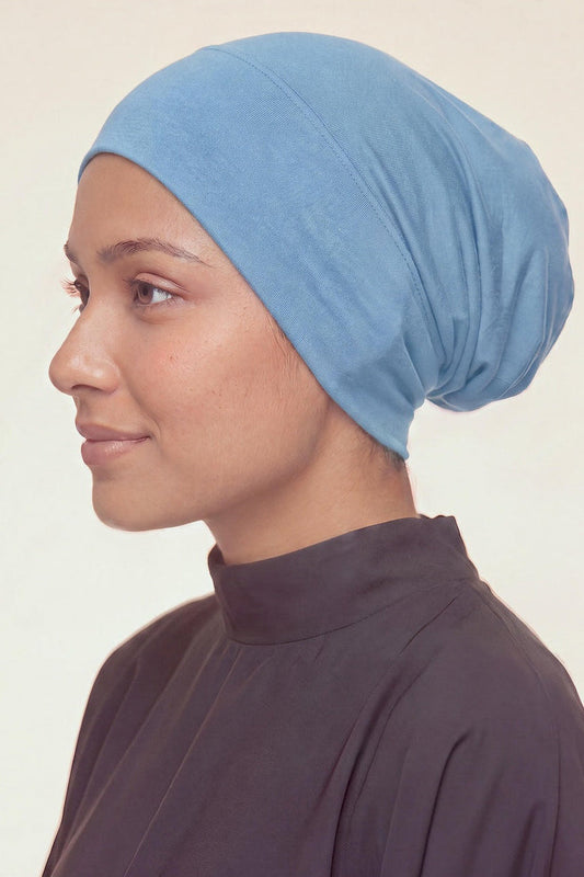 Sky blue tube hijab under cap