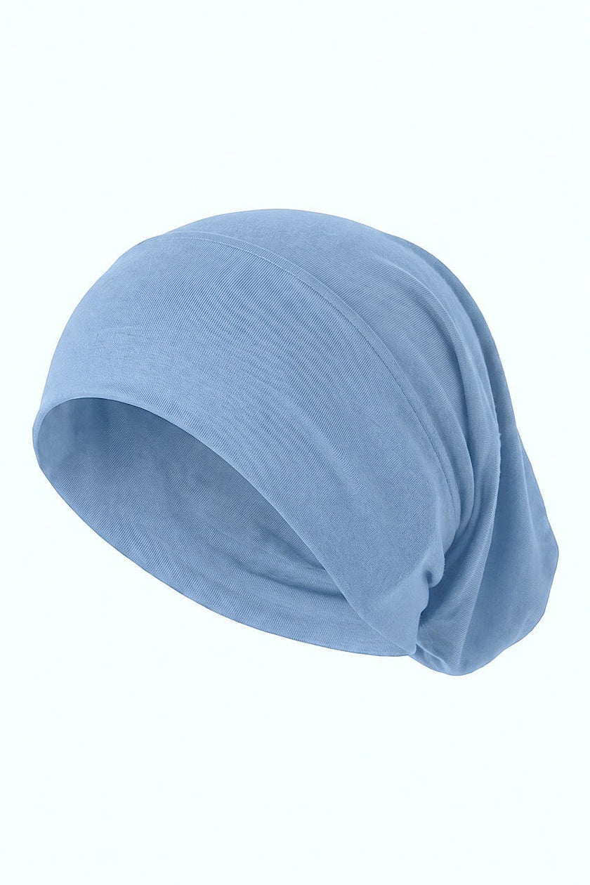 Sky blue tube hijab under cap, second view