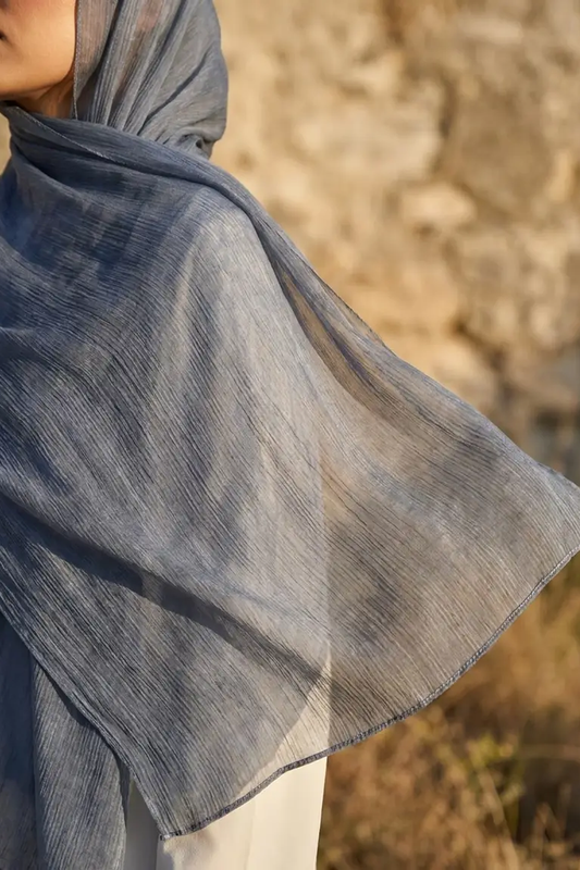 Another view of the Slate Blue Grey Crinkle Edition hijab
