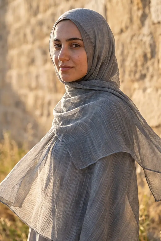 Another view of the Steel Grey Crinkle Edition hijab