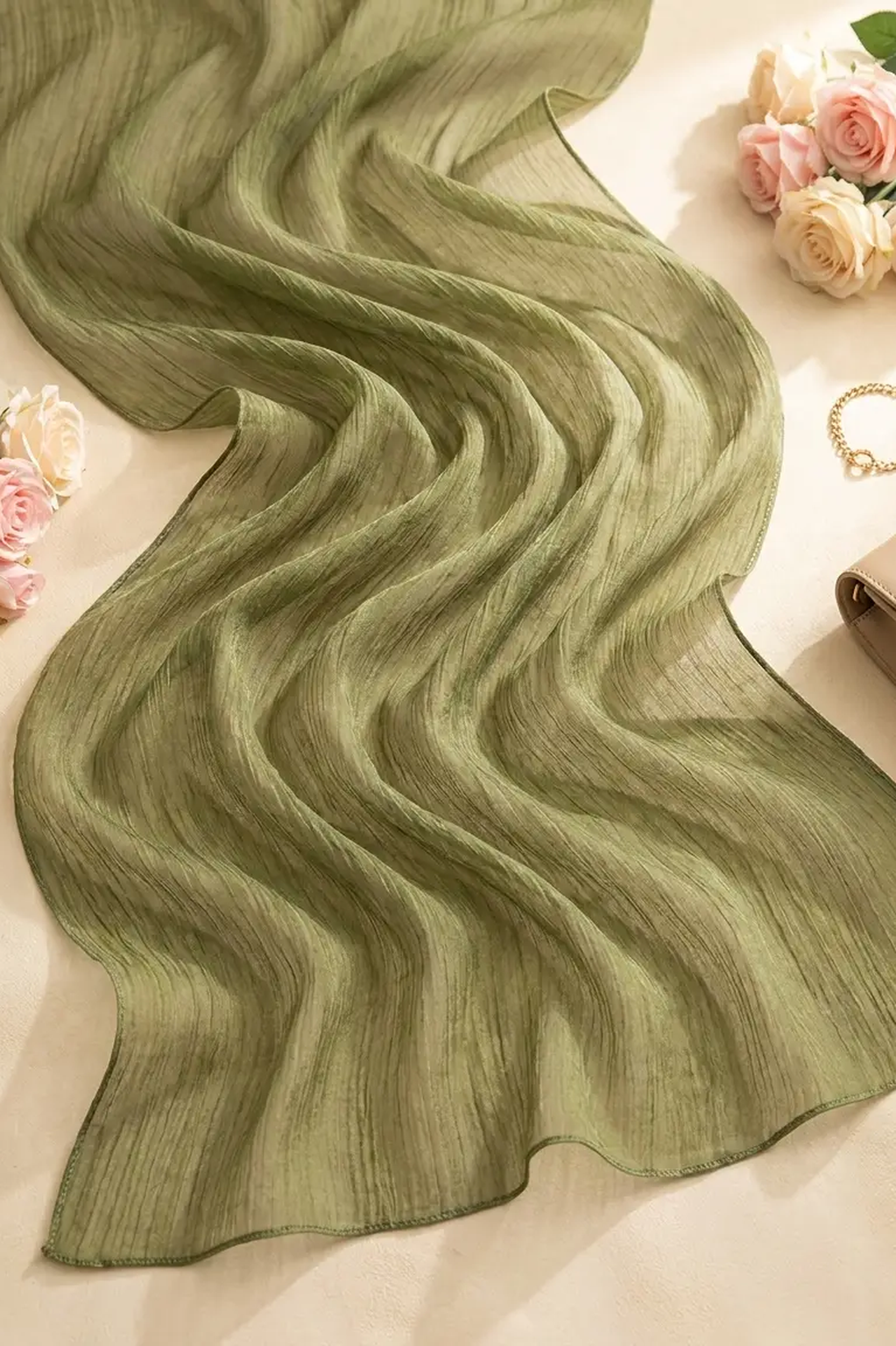 Olive green crinkle textured modal hijab, 190 x 85cm