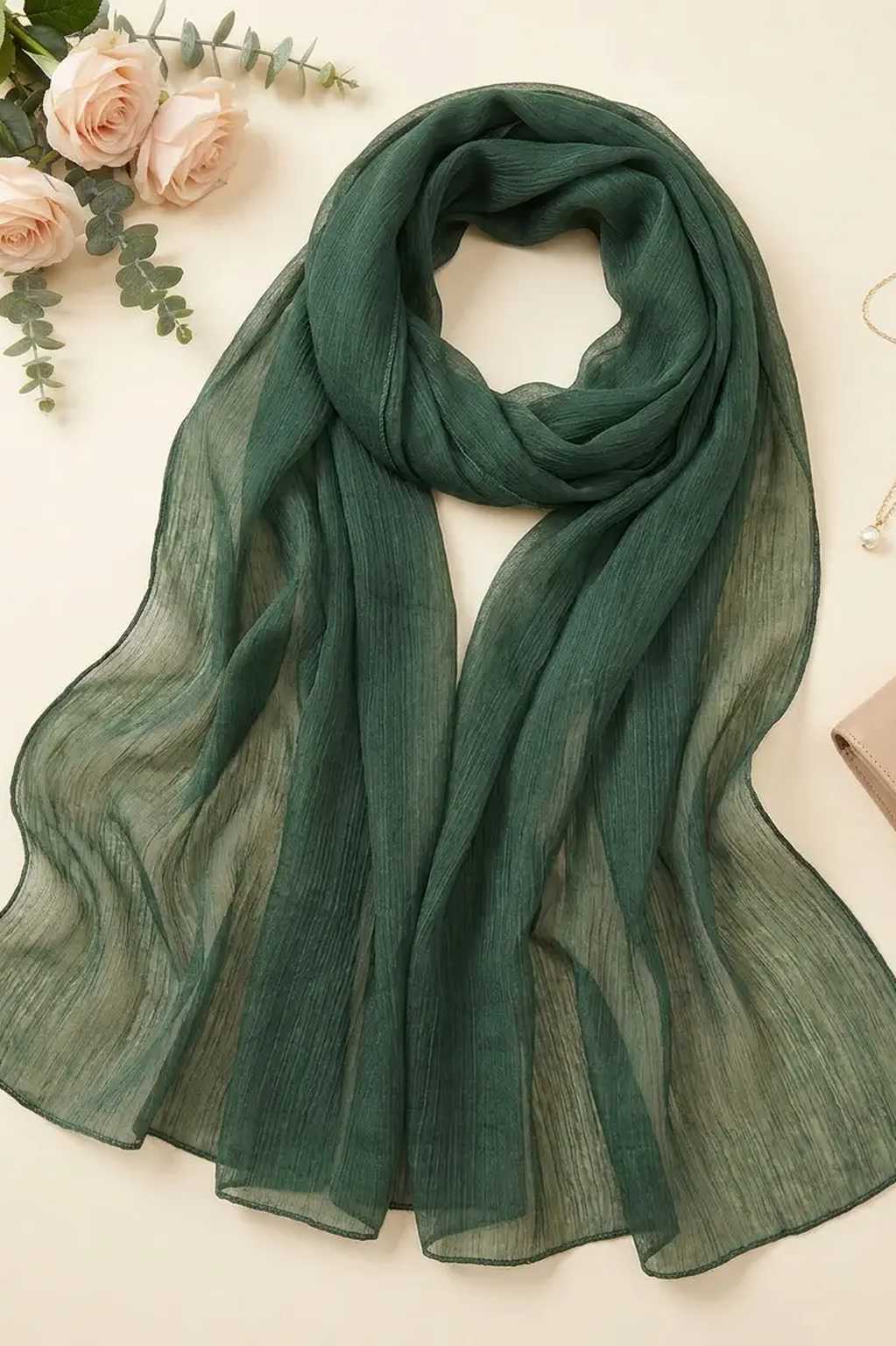 Forest green crinkle textured modal hijab, 190 x 85cm